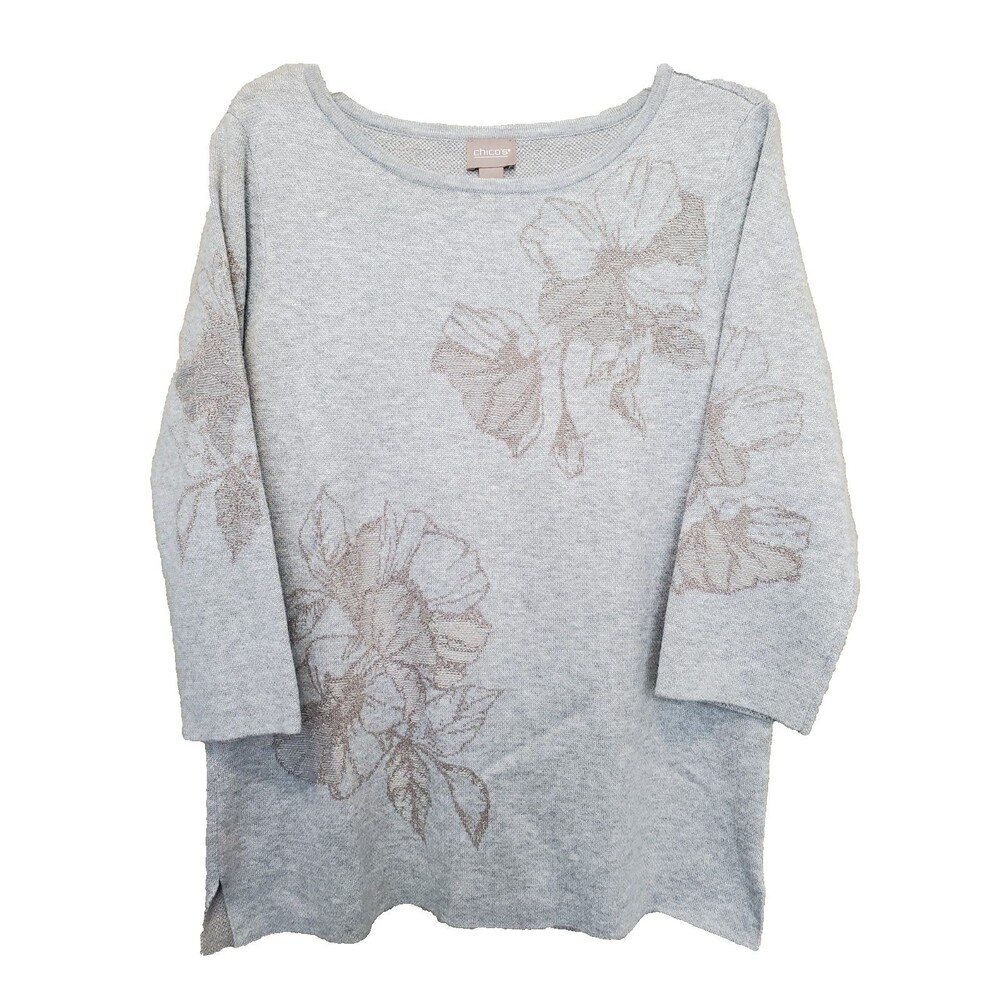Chico's Gray Floral Soft Knit 3/4 Sleeve Pullover Sweater Size 1 Medium